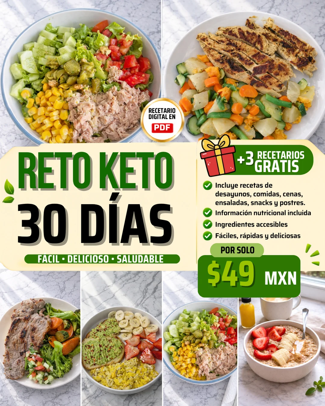Reto Keto 30 días — Ebook con +90 recetas